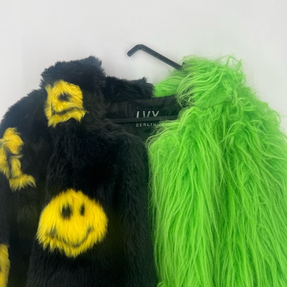 Ivy Berlin Smiley Neon Green Fuzzy Faux Fur Hooded Split Rave Festival Jacket - Picture 1 of 9